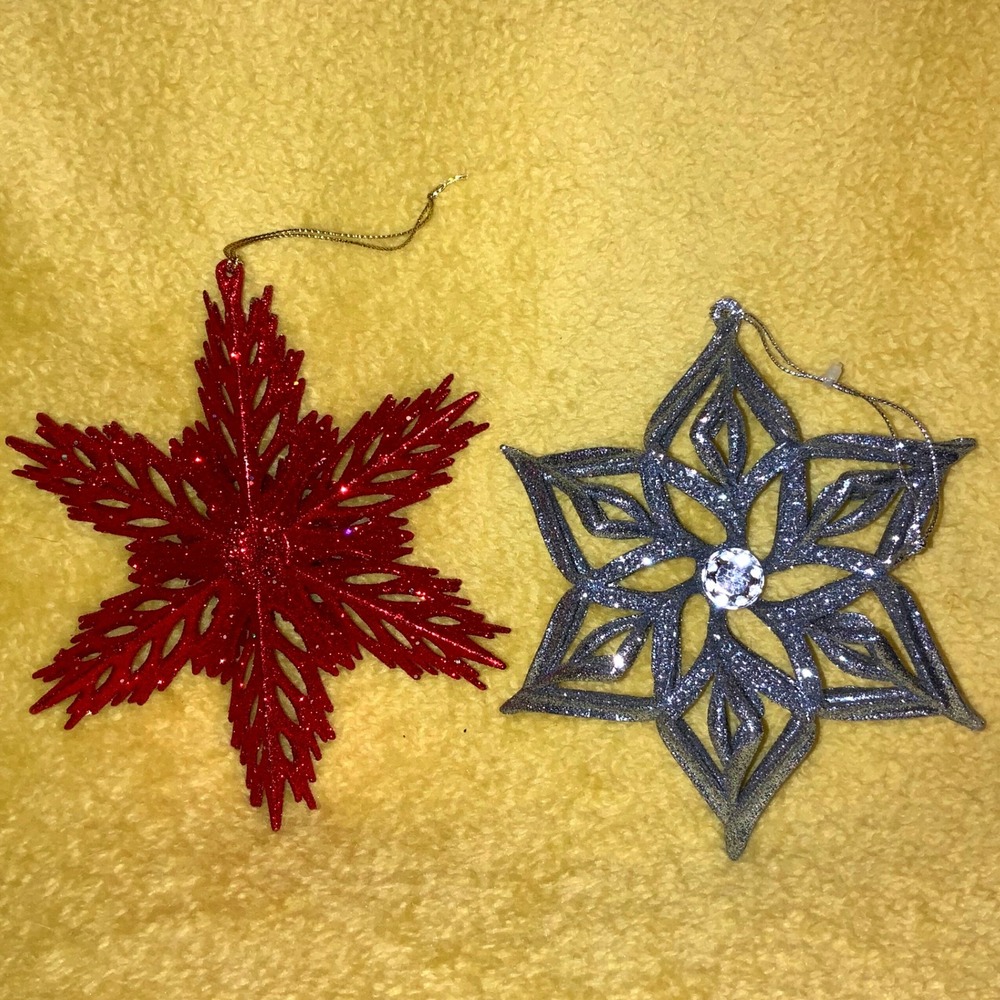 Glitter Snowflake Christmas Ornaments Set of 2 Red Silver Holiday Decor